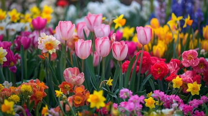 Vibrant assorted tulips and flowers in a lush spring garden