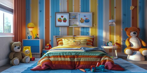 Child's bedroom with playful teddy bear and colorful toys evokes a sense of innocence and joy