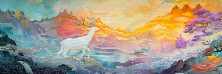 Paper Carving Deer Art Tapestry Rock Color Panel Painting - Murals an Elegant White Deer by The River with Golden Antlers and Patterns Ice and Snow Background created with Generative AI Technology