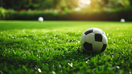 Fototapeta premium A soccer ball on a lush green soccer field soars into the goal