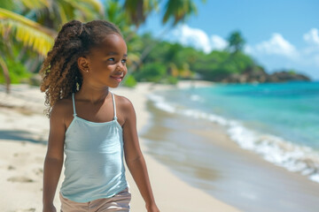 African child girl walking on sandy coast of tropical sea against background of palm trees