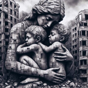 a mother hugging her children to protect them. AI generated illustration