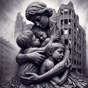a mother hugging her children to protect them. AI generated illustration