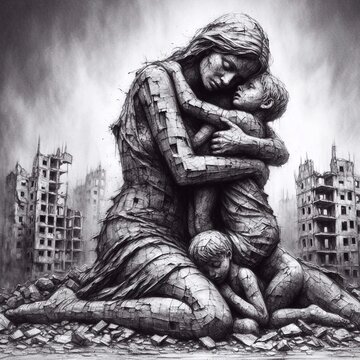 a mother hugging her children to protect them. AI generated illustration