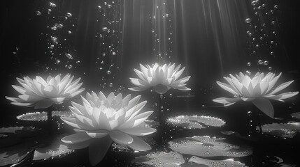 a black and white photo of water lilies in a pond with sunlight shining down on the water's surface.