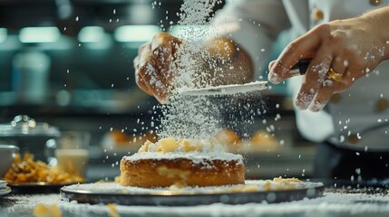 Chef cooking desserts in professional kitchen. Chef cook in a professional kitchen cooking cakes. Close up a cakes sprinkled with icing sugar.