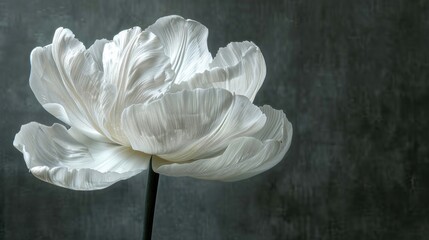 a close up of a white flower on a black and white background with a blurry wall in the background.