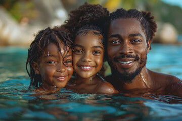 African family mom, dad and child swim on tropical sea against the background of palm trees - obrazy, fototapety, plakaty