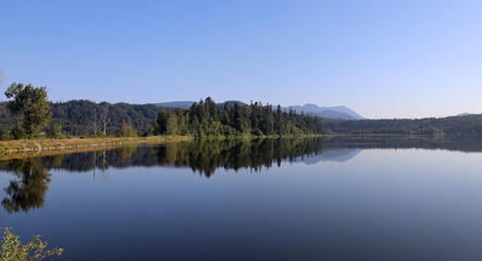 Fototapeta na wymiar Mirror image of trees in the surface of lake