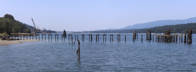 Ruins of old wooden wharf in sunny day