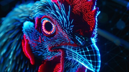 Close-up of a rooster's face in grid style. Polygonal computerized image of a chicken. Facial recognition grid on a live object. Illustration for cover, card, poster, brochure or presentation. - obrazy, fototapety, plakaty