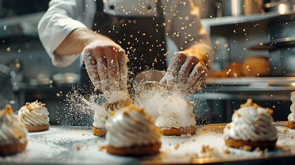 Chef cooking desserts in professional kitchen. Chef cook in a professional kitchen cooking cakes. Close up a cakes sprinkled with icing sugar. - obrazy, fototapety, plakaty