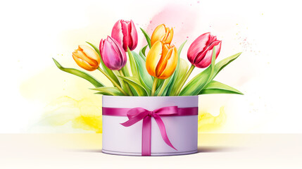 A vibrant bouquet of tulips in a gift box adorned with a ribbon. Concept of spring, fresh blooms that symbolize renewal and beauty. Perfect for Woman's Day, Mother’s Day, birthday card.