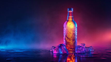 A frosty bottle of vodka from the freezer stands illuminated by neon lights against a black background, its icy exterior reflecting the vibrant hues, creating a mesmerizing visual display.