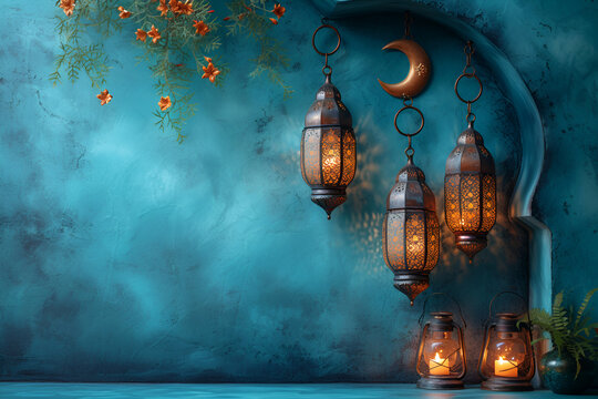 Modern Islamic holiday banner suitable for Ramadan, Raya Hari, Eid al-Adha and Mawlid. Lit lantern on a blue background with empty space.