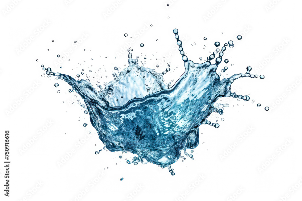 Poster abstract depiction of water splashing against white background, creating dynamic and captivating vis