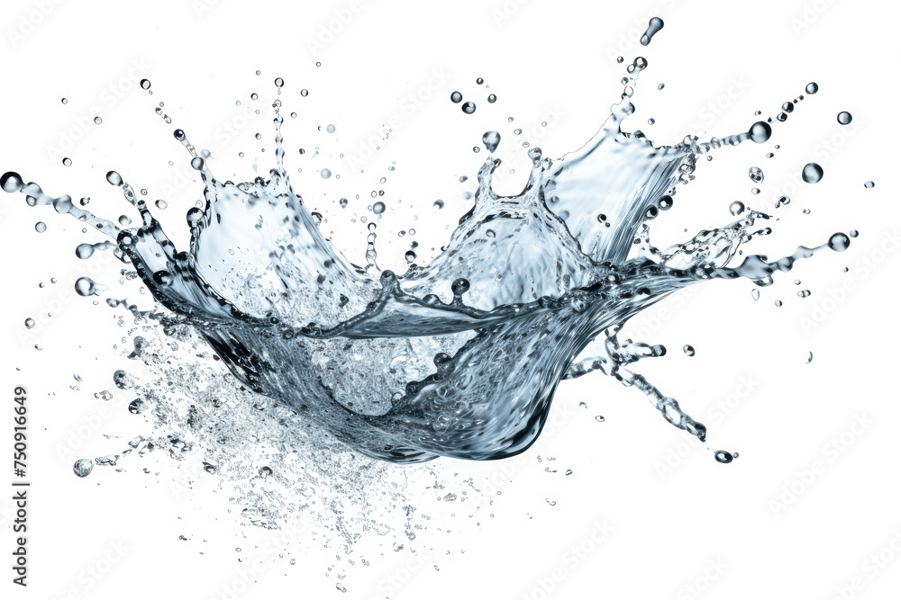 Poster abstract depiction of water splashing against white background, creating dynamic and captivating vis