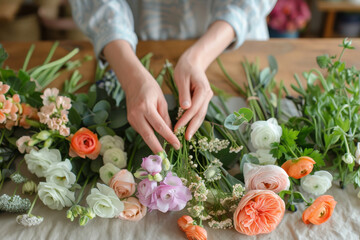Woman's hands arranging a vibrant array of flowers on a table.