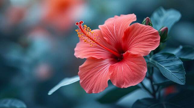 A vibrant pink hibiscus flower blooms against a backdrop  The green leaves and buds suggest a thriving plant, capturing the essence of a serene.