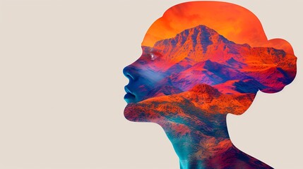 Double exposure combines a woman's face and high mountains at sunset. Panoramic view. The concept of the unity of nature and man. Dream, reminisce or plan a climb. Illustration for design.