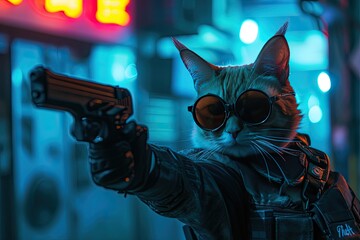 chubby cute cat cyberpunk shooter soldier holding gun prepare to shoot enemies in cyberpunk city