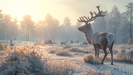 Frosty winter morning with a serene gathering of deer in a tranquil forest setting.