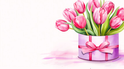 Bouquet of pink tulips in a gift box adorned with a ribbon. Concept of spring, renewal and beauty. Perfect for Woman's Day, Mother’s Day, birthday card.