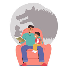 Dad And His Kid Family Characters Snuggle In An Armchair, A Fairy Tale Book Open Before Them, As He Reads Aloud