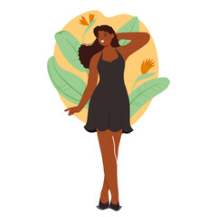Graceful Black Woman Stands Confidently, Her Elegance Accentuated By A Chic Black Summer Dress, Vector Illustration