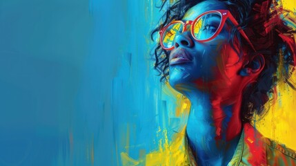 a painting of a woman wearing red glasses and a blue shirt with yellow and red paint splatches on her face.