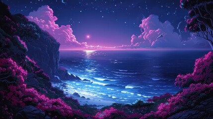 a painting of the ocean at night with the moon in the sky and stars in the sky above the water.