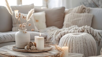 Cozy and stylish living room interior. Couch with decorative cushions in pastel neutral colors and...