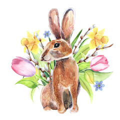 Easter watercolor illustration of rabbit, flowers, tulips, narcissus, willow twigs. colorful, isolated, white background. hand drawn