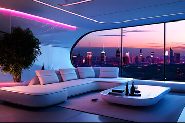 futuristic living room, modern furniture and beautiful skyline view