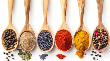 A visually appealing and flavorful composition is crafted with various spices elegantly arranged in spoons, set against a white isolated background