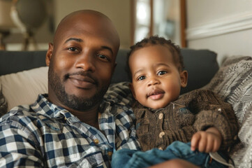 lifestyle photo of natural beauty african american man with son at home