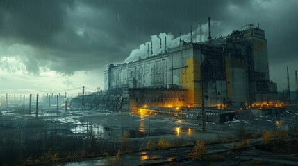 Photorealistic image of the dark, dangerous, depressive industrial area after the radioactive catastrophe, Chornobyl power plant in the ghost city