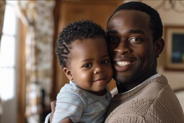 lifestyle photo of natural beauty african american man with son at home