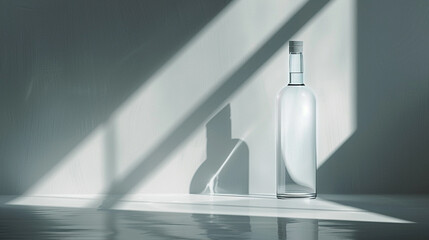 A sleek bottle of Absolut vodka stands tall, its iconic clear design catching the light against a minimalist backdrop. - obrazy, fototapety, plakaty