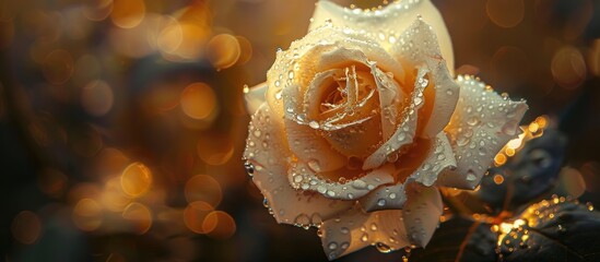 A close-up view of a yellow rose covered in small droplets of water, reflecting light and enhancing the flowers vibrant color. The water droplets highlight the delicate nature of the rose petals.