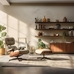 A modern living room with an oversized armchair, a floating shelf, and a mix of modern and vintage furniture pieces