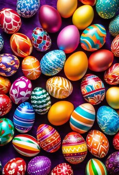 illustration, vibrant close shots multicolored easter eggs decorated various patterns festive celebration, colorful, bright, holiday, tradition, spring, artistic