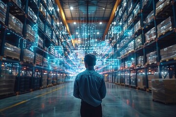 Korean businessmen interact with virtual interface panels within the global logistics network, showcasing smart logistics solutions against the backdrop of expansive warehouse centers - obrazy, fototapety, plakaty
