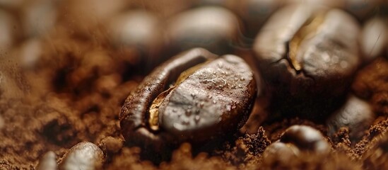 A close-up view of a heap of coffee beans resting on a mound of soil. The coffee beans are brown and aromatic, contrasting with the dark dirt below.