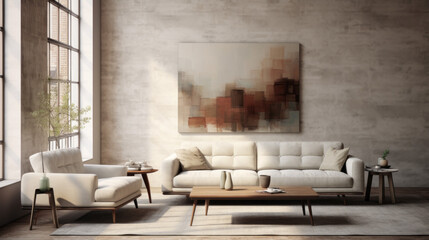 A modern living room with textured wall finishes featuring a tufted sofa, a shag rug, and a glass side table