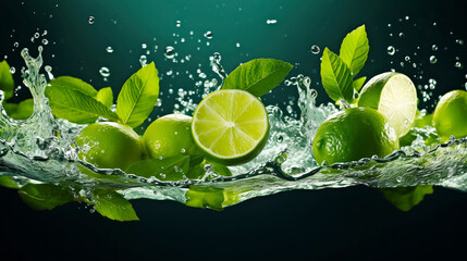 Limes and mint flying in the air and splashing water