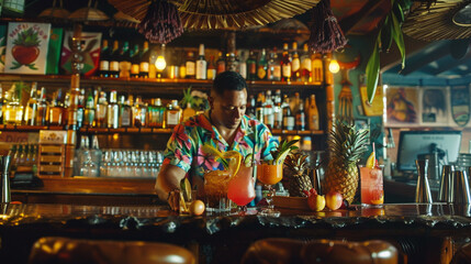 Fototapeta na wymiar A vibrant tiki bar displays an array of tropical spirits and exotic liqueurs. A bartender in a Hawaiian shirt crafts fruity cocktails.