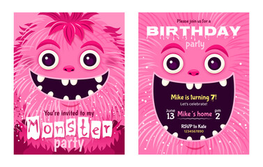 Monster party invitation set. Happy Birthday greeting cards. Festive postcards featuring a fluffy cartoon monster. Vector design with a cute creature for your celebration event. Layered template.