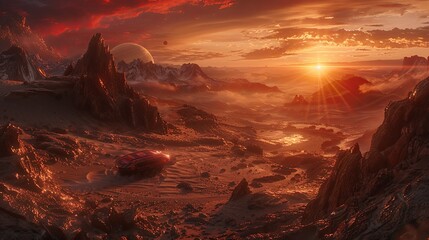 A machine for traveling on the surface of another planet. Science fiction universe exploration. Future concept. Illustration for banner, poster, cover or presentation.
