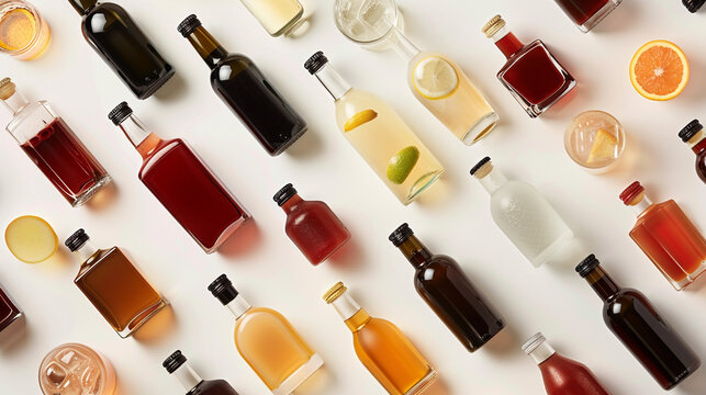 Bottles of various drinks are elegantly arranged against a seamless white background, creating a visually pleasing display of beverage options.